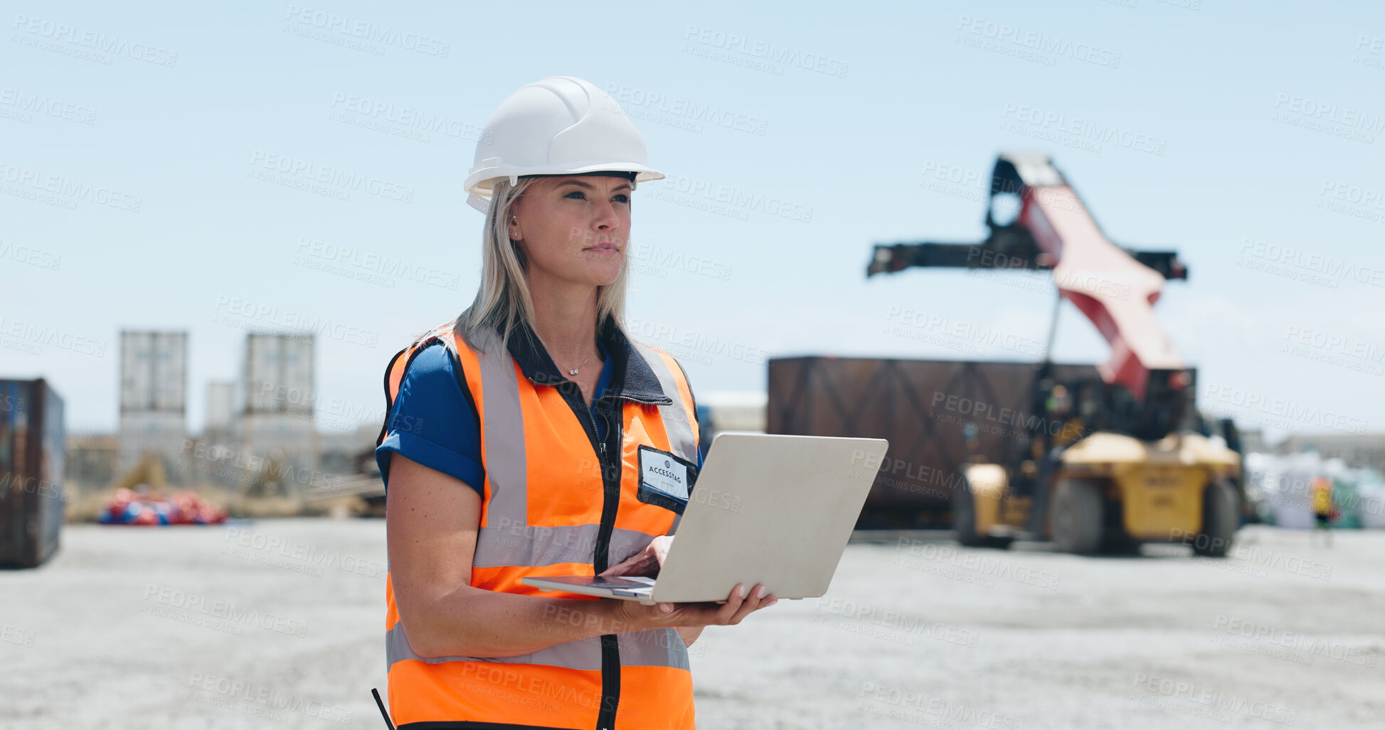Buy stock photo Outdoor, logistics and woman with laptop for inspection, shipment delivery or export management system. Shipping yard, planning or supervisor with cargo quality control, coordinate distribution or pc