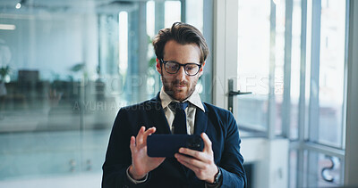 Buy stock photo Phone, search and typing with business man in office for communication, corporate finance or update. App, reading and text message with employee at desk in financial workplace for mobile feedback