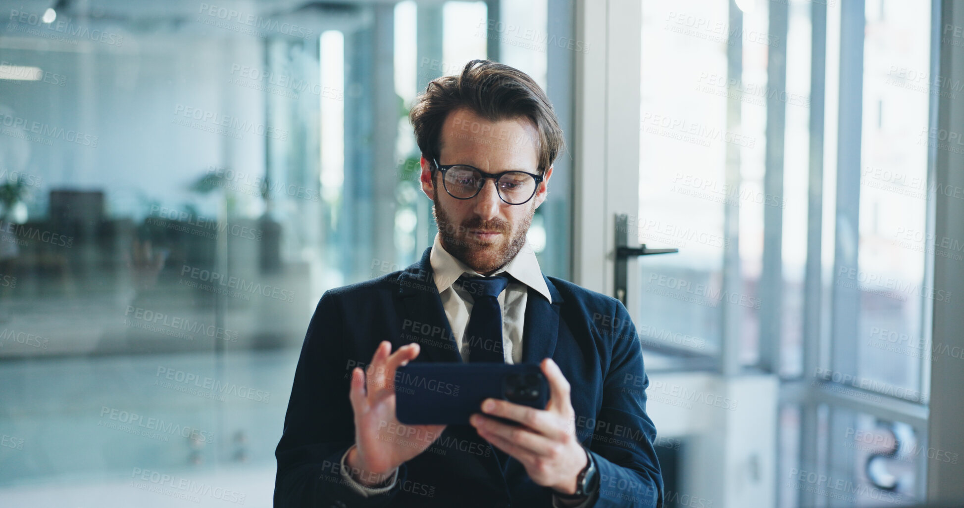 Buy stock photo Phone, search and typing with business man in office for communication, corporate finance or update. App, reading and text message with employee at desk in financial workplace for mobile feedback