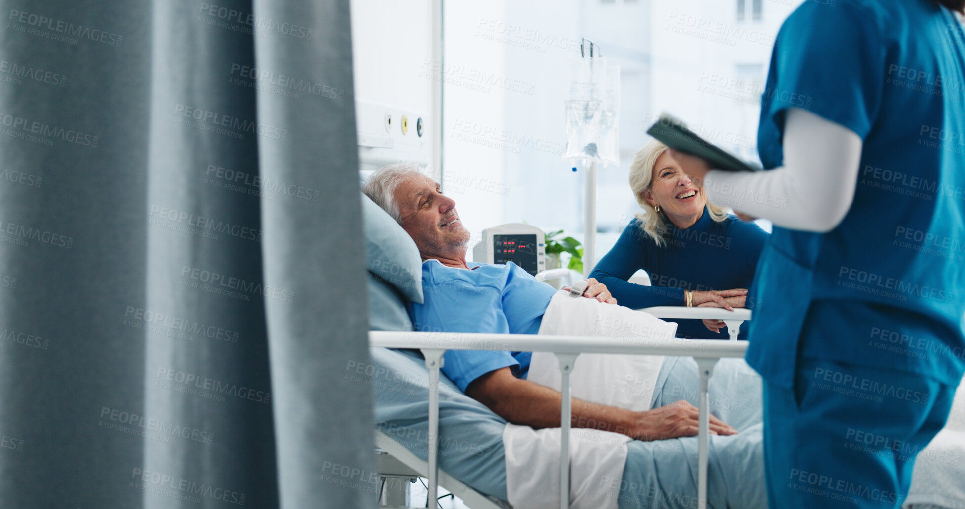 Buy stock photo Old couple, patient or nurse with tablet by hospital bed, health update or care coordination for release. Address concern, senior people or medical staff with treatment advice, tech or discharge info