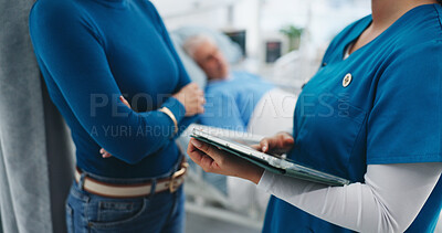 Buy stock photo Woman, nurse or hands with tablet for patient results, medical diagnosis or clinic treatment. Female person, doctor or consulting with partner or technology for health recovery, symptoms or procedure