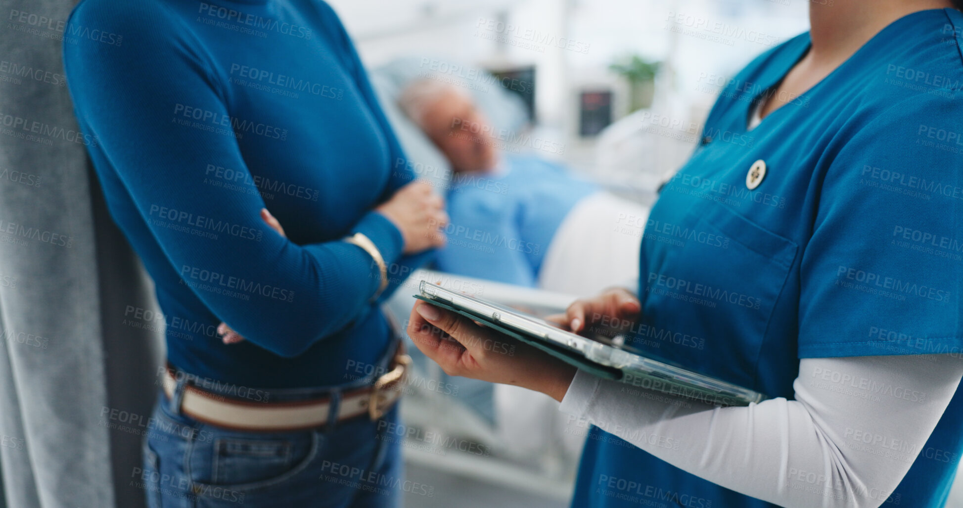 Buy stock photo Woman, nurse or hands with tablet for patient results, medical diagnosis or clinic treatment. Female person, doctor or consulting with partner or technology for health recovery, symptoms or procedure