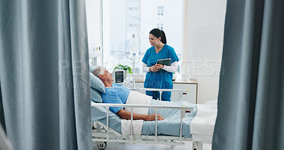 Buy stock photo Old man, nurse and happy with tablet at hospital bed for recovery update, test results or good news. Retirement health, senior patient and worker with tech for medical feedback and healing progress