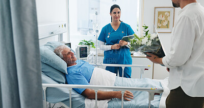 Buy stock photo Hospital bed, senior father and man with flowers to visit in recovery ward for healing or treatment. Bouquet, healthcare or medical with adult son and old parent in clinic for rehabilitation support