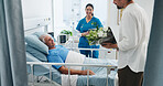 Hospital bed, old man and son with bouquet to visit in recovery ward for healing or treatment. Flowers, healthcare or medical with adult child and senior parent in clinic for rehabilitation support