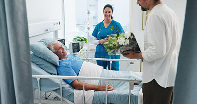 Buy stock photo Hospital bed, old parent and man with bouquet to visit in recovery ward for healing or treatment. Flowers, healthcare or medical with adult son and senior father in clinic for rehabilitation support