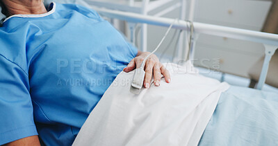 Buy stock photo Hand, hospital bed and woman with oximeter to monitor pulse, healthcare and measure blood levels. Patient, medical service and person in clinic, track oxygen and wellness with rest for recovery