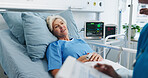Hospital bed, senior woman or smile for healthcare update, checkup or recovery with nurse. Happy, elderly person or medical worker in clinic for healing with checklist, good news or rest for wellness