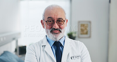 Buy stock photo Portrait, mature man and doctor in hospital with medical service, career experience and patient care. Confident, physician and person in clinic with healthcare knowledge, expertise and about us.