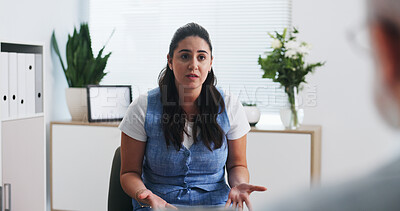 Buy stock photo Talking, therapy session and woman in clinic, psychology and mental health advice. Healthcare, patient and person with questions, feedback and counseling for ptsd, evaluation for trauma and listening