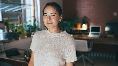 Buy stock photo Portrait, smile and woman in home office for remote work, creative writing or digital marketing career. Confident, copywriting or person with brand ads for promotion campaign, freelancer or apartment