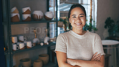 Buy stock photo Portrait, woman and arms crossed at small business for pottery with career pride, about us and ceramic. Smile, female person and entrepreneur with ambition, experience and production for sculpture