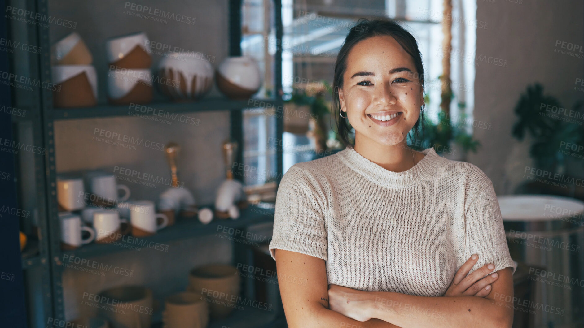 Buy stock photo Portrait, woman and arms crossed at small business for pottery with career pride, about us and ceramic. Smile, female person and entrepreneur with ambition, experience and production for sculpture