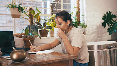 Buy stock photo Pottery, coffee or woman in shop with notes, stock control or delivery schedule in clay store. Writing, laptop or entrepreneur with cup, inventory management or order checklist in ceramic business.