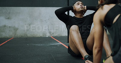 Buy stock photo Man, exercise and sit up in gym with personal trainer, strength training and support for wellness. Space, people and coach in health club with HIT workout, balance and physical activity for fitness.