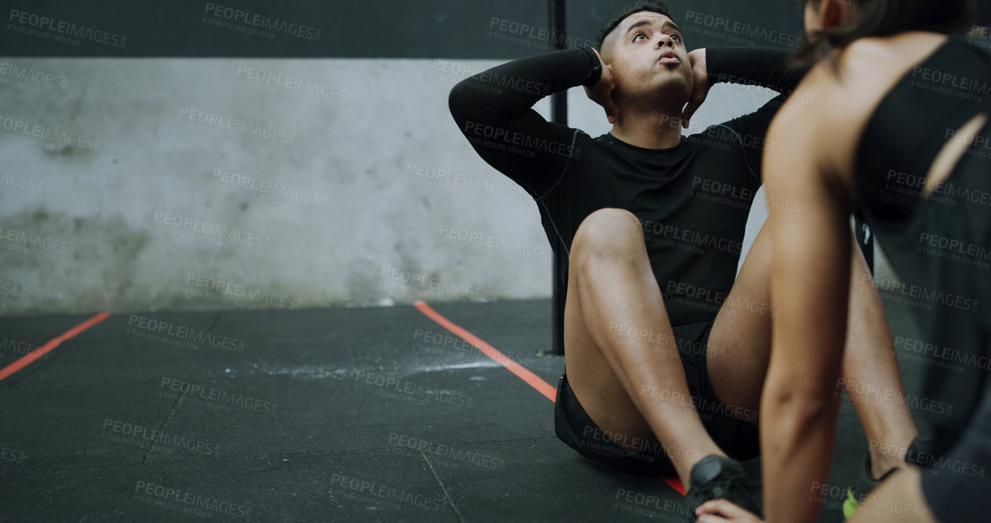 Buy stock photo Man, exercise and sit up in gym with personal trainer, strength training and support for wellness. Space, people and coach in health club with HIT workout, balance and physical activity for fitness.