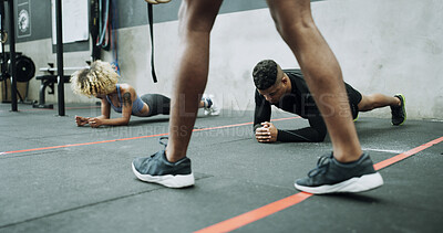 Buy stock photo Personal trainer, walking or people with plank in gym, abdomen training or active for endurance challenge. Coach, clients or group with core strength exercise for fitness goals, sport club or workout