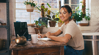 Buy stock photo Portrait, schedule and writing with woman in pottery boutique for management of small business. Notebook, planning and startup with store owner in ceramics gallery for decoration or retail sale