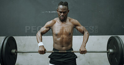 Buy stock photo Fitness, black man and barbell for workout in gym, exercise and strength training for muscle growth. Bodybuilder, shirtless person and weightlifting for power, wellness and development in club
