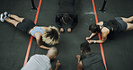Fitness, group and plank exercise at gym for core strength, endurance challenge and health class. Above, people and instructor with abdominal workout to improve posture and balance at wellness club