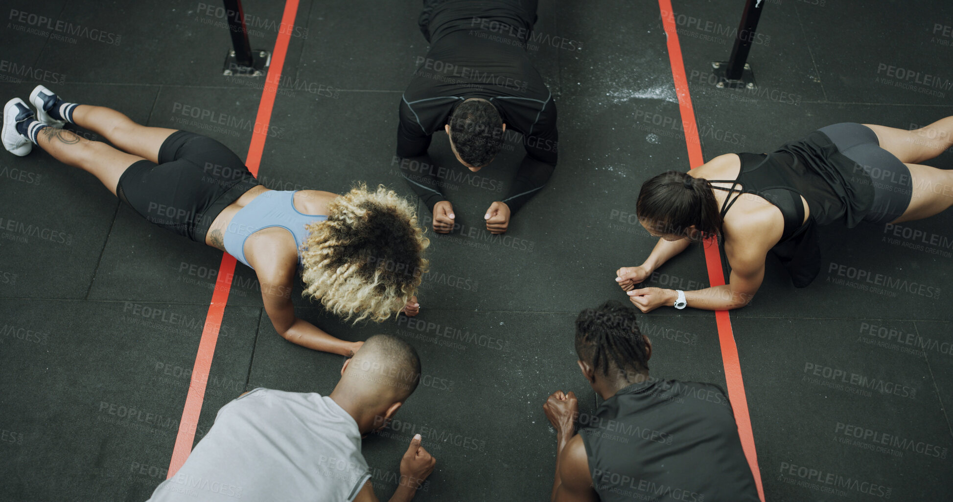 Buy stock photo Fitness, group and plank exercise at gym for core strength, endurance challenge and health class. Above, people and instructor with abdominal workout to improve posture and balance at wellness club