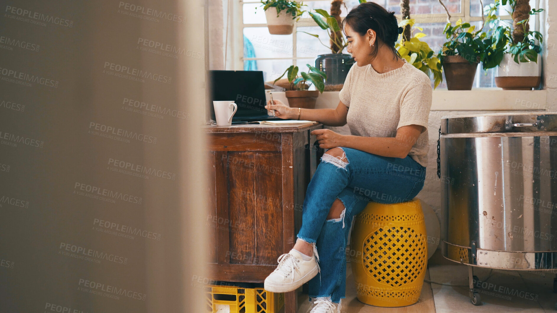 Buy stock photo Notes, pottery and woman in workshop for ideas, creative inspiration and planning in small business. Notebook, ceramics entrepreneur and person thinking of project, art or craft with space in startup