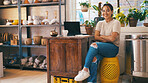 Arms crossed, portrait and smile of woman in pottery boutique for management of small business. Display, shelves and startup with store owner in ceramics gallery for decoration or retail sale