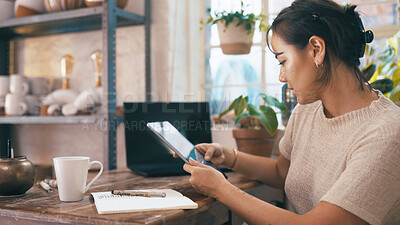 Buy stock photo Planning, scrolling and tablet with woman in pottery boutique for management of small business. App, schedule and startup with store owner in ceramics gallery for decoration, online order or retail