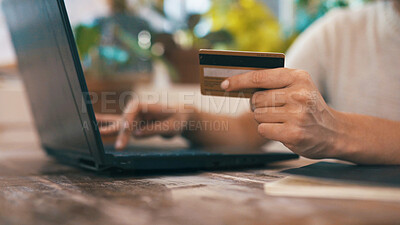 Buy stock photo Credit card, laptop and hands of woman in office with buying supplies for startup business. Computer, debit and female person with technology for online shopping, ecommece or purchase for company.