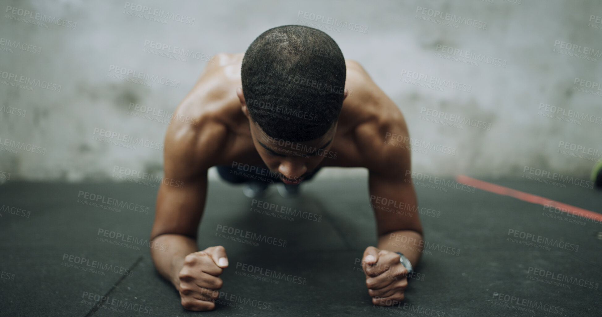 Buy stock photo Fitness, man and plank exercise at gym for strength training, improve posture and core conditioning. Athlete, african person and abdominal workout at health club for endurance challenge and balance