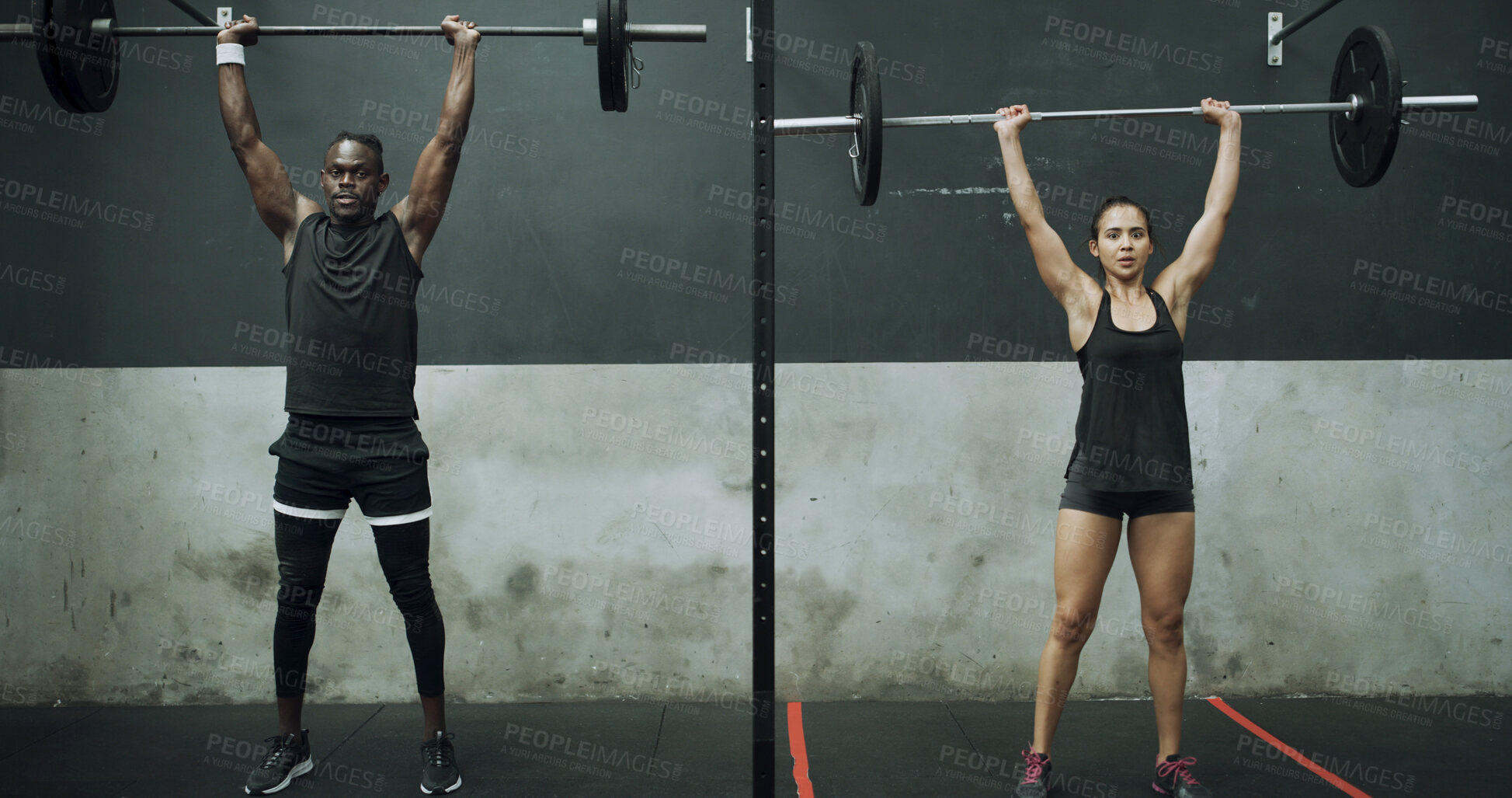 Buy stock photo Portrait, team and people with barbell, gym and exercise routine for muscle development and fitness. Bodybuilder, woman and man with endurance for workout and weightlifting with personal trainer