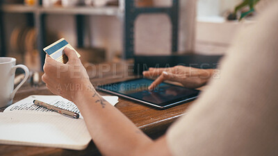 Buy stock photo Credit card, tablet and hands of woman in office with buying supplies for startup business. Digital technology, debit and person with notebook for online shopping, ecommerce or purchase with planning