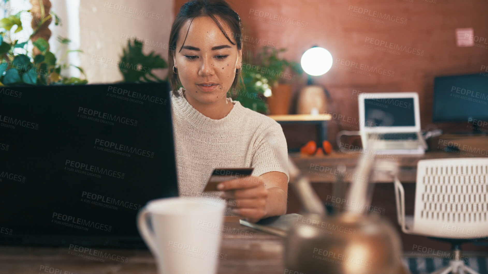 Buy stock photo Credit card, woman or business owner with laptop for online shopping, pottery material order or purchase. Payment, ceramic shop or entrepreneur with pc for ecommerce, checkout or buy clay supplies