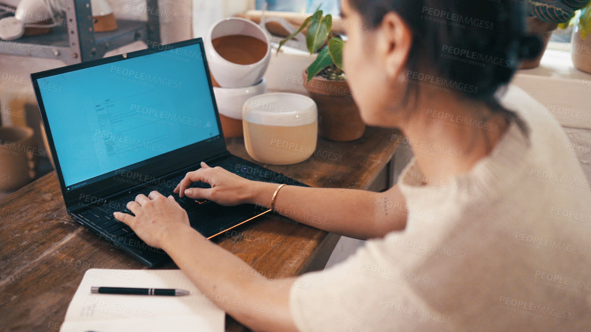 Buy stock photo Hands, woman and typing on laptop in small business for pottery inventory, stock control and email. Ceramic shop, owner and tech screen in startup for clay procurement, retail admin and online order