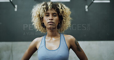 Buy stock photo Serious, fitness and portrait of woman in gym with workout, health or confidence for training. Sweaty, athlete and person with pride for strength, exercise or active for wellness in sports center.