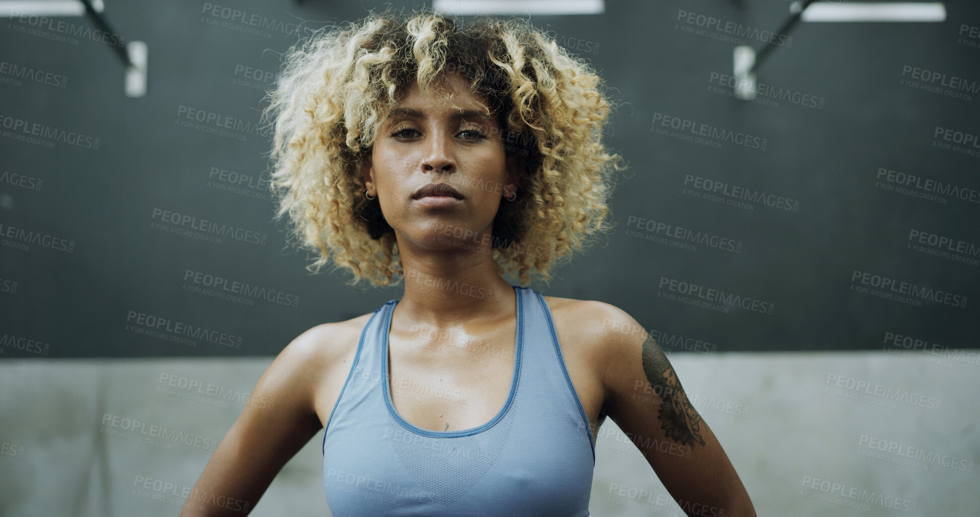 Buy stock photo Serious, fitness and portrait of woman in gym with workout, health or confidence for training. Sweaty, athlete and person with pride for strength, exercise or active for wellness in sports center.