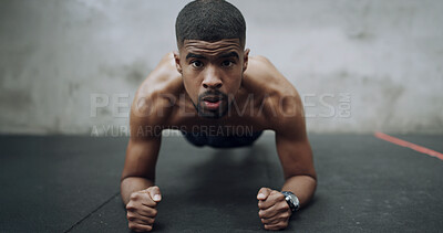 Buy stock photo Fitness, man and plank exercise at gym for strength training, improve posture and core conditioning. Portrait, african person and abdominal workout at health club for endurance challenge and balance