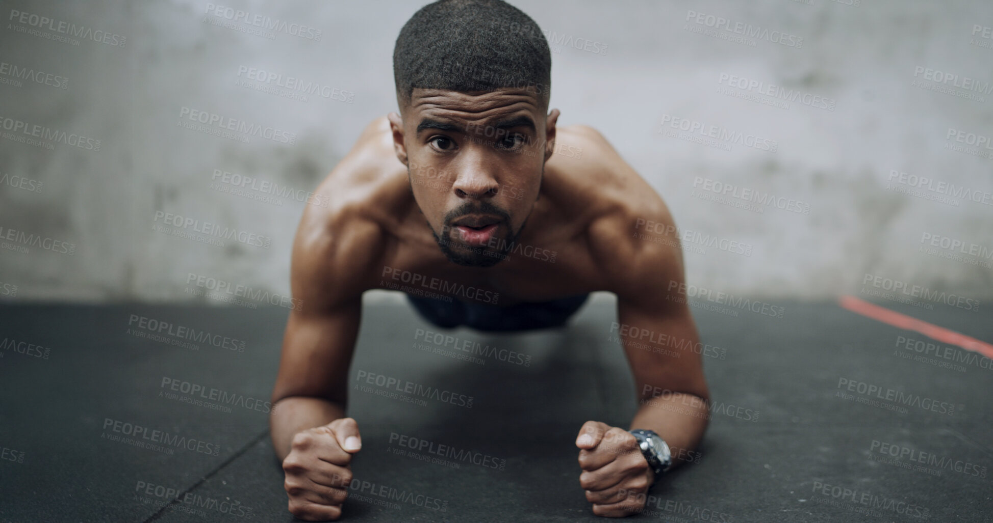 Buy stock photo Fitness, man and plank exercise at gym for strength training, improve posture and core conditioning. Portrait, african person and abdominal workout at health club for endurance challenge and balance