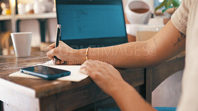 Buy stock photo Agenda, hands and writing with woman in pottery boutique for management of small business. Notebook, planning and schedule with store owner in ceramics startup for decoration, development or retail