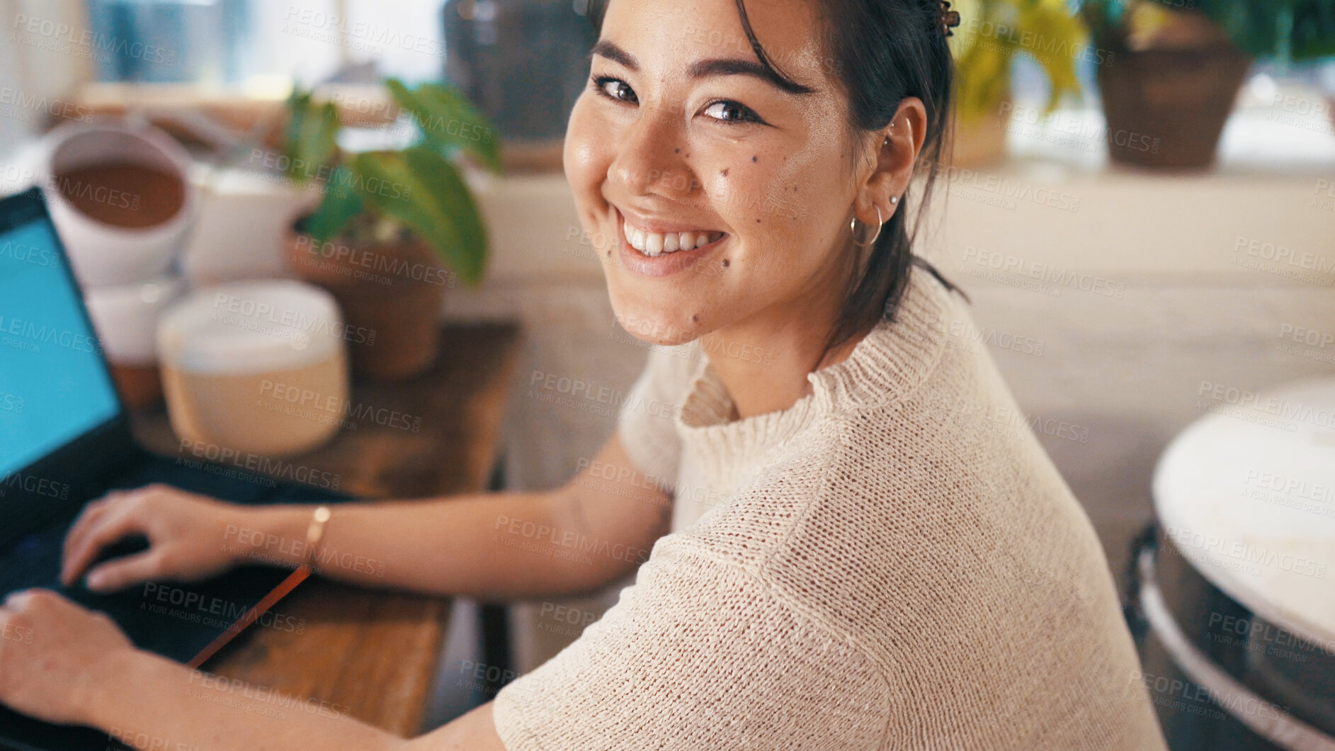 Buy stock photo Happy woman, laptop and pottery shop with portrait for online order, customer service or sale. Asian person, employee and confidence with smile with tech for small business, startup and about us