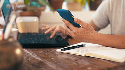 Buy stock photo Laptop, entrepreneur or hands with phone for research, small business or digital bank loan application. Pottery shop, tax details or person with tech for funding registration, startup capital or info