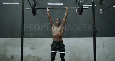 Buy stock photo Fitness, strong and black man with barbell for bodybuilding in gym, exercise or training for power. Workout, shirtless person and bodybuilder weightlifting for health, muscle growth or overhead press
