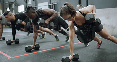 Buy stock photo Dumbbells, exercise and row with people in gym together for class, course or workout routine. Fitness, power and weight training with athlete group on floor in health club for challenge or strength
