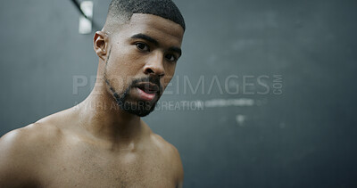 Buy stock photo Fitness, portrait and space with black man in gym for challenge, training or workout routine. Exercise, serious and wall with shirtless athlete in health club for commitment, dedication or wellness