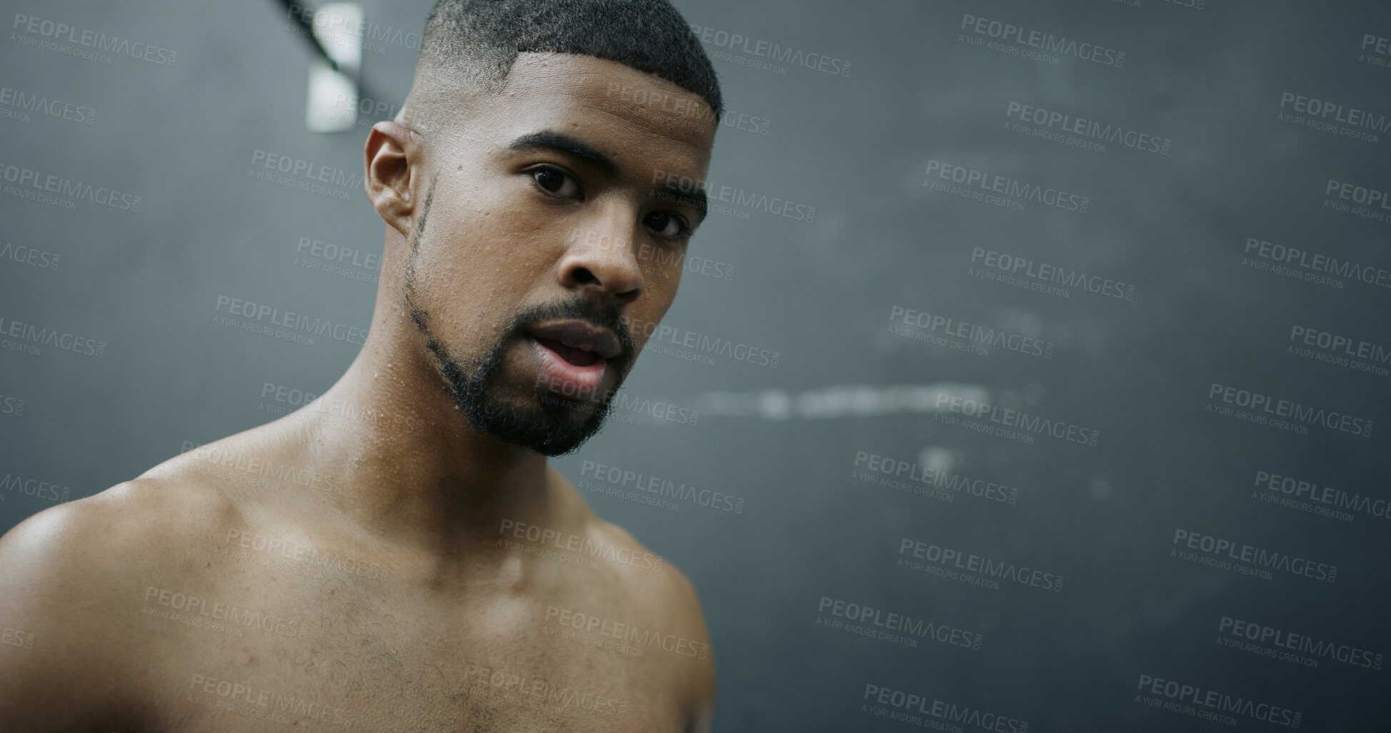 Buy stock photo Fitness, portrait and space with black man in gym for challenge, training or workout routine. Exercise, serious and wall with shirtless athlete in health club for commitment, dedication or wellness