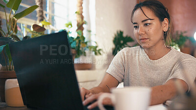 Buy stock photo Laptop, small business and typing with woman in pottery store for management or online planning. Computer, ecommerce and research with shop owner in startup boutique for agenda, report or schedule