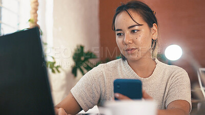 Buy stock photo Laptop, entrepreneur or woman with phone for research, ceramic small business or bank loan application. Creative shop, tax detail or person with tech for funding registration, startup capital or info