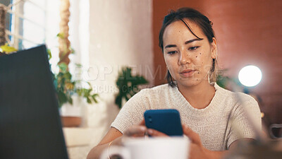 Buy stock photo Laptop, entrepreneur or woman with phone for planning, small business or bank loan application research. Pottery shop, tax filing or person with tech for funding registration, startup capital or info