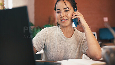 Buy stock photo Happy woman, phone call and laptop with discussion for online chat or communication in apartment. Female person, conversation or talking on mobile smartphone for business negotiation, advice or deal