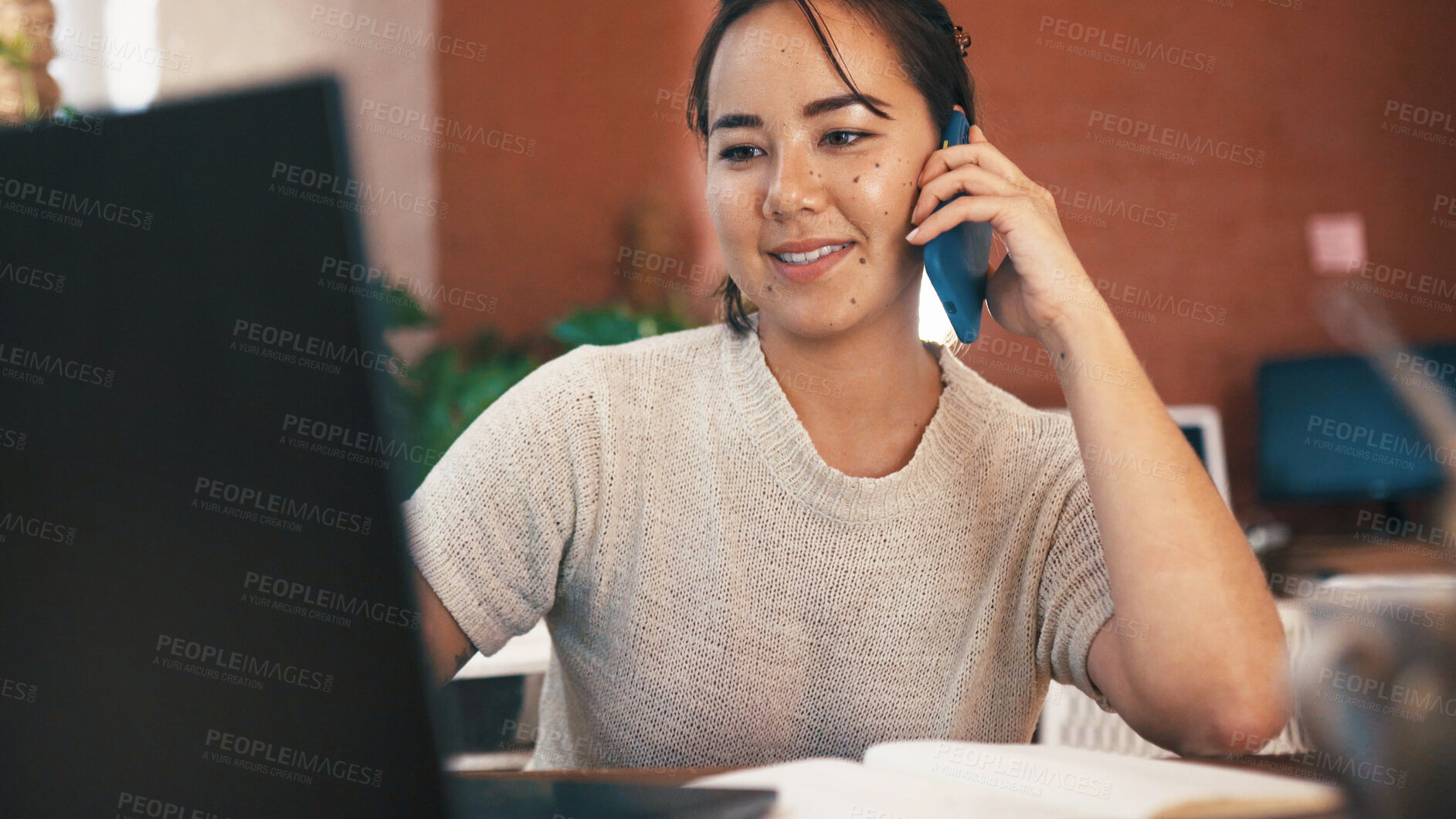 Buy stock photo Happy woman, phone call and laptop with discussion for online chat or communication in apartment. Female person, conversation or talking on mobile smartphone for business negotiation, advice or deal